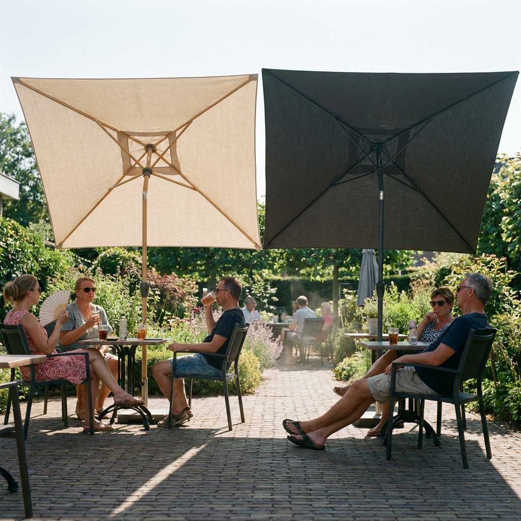 Welke kleur vierkante parasol is het beste tegen warmte?